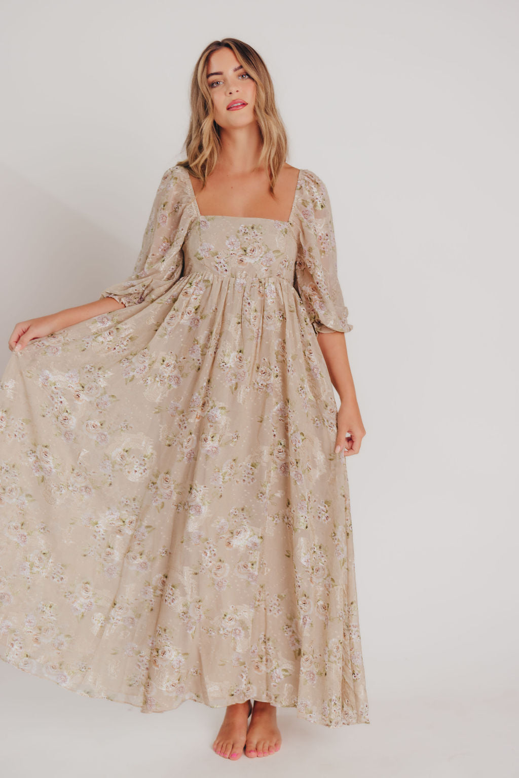 Mona Maxi Dress in Beige/Brown Floral - Bump Friendly (Restocking in July)