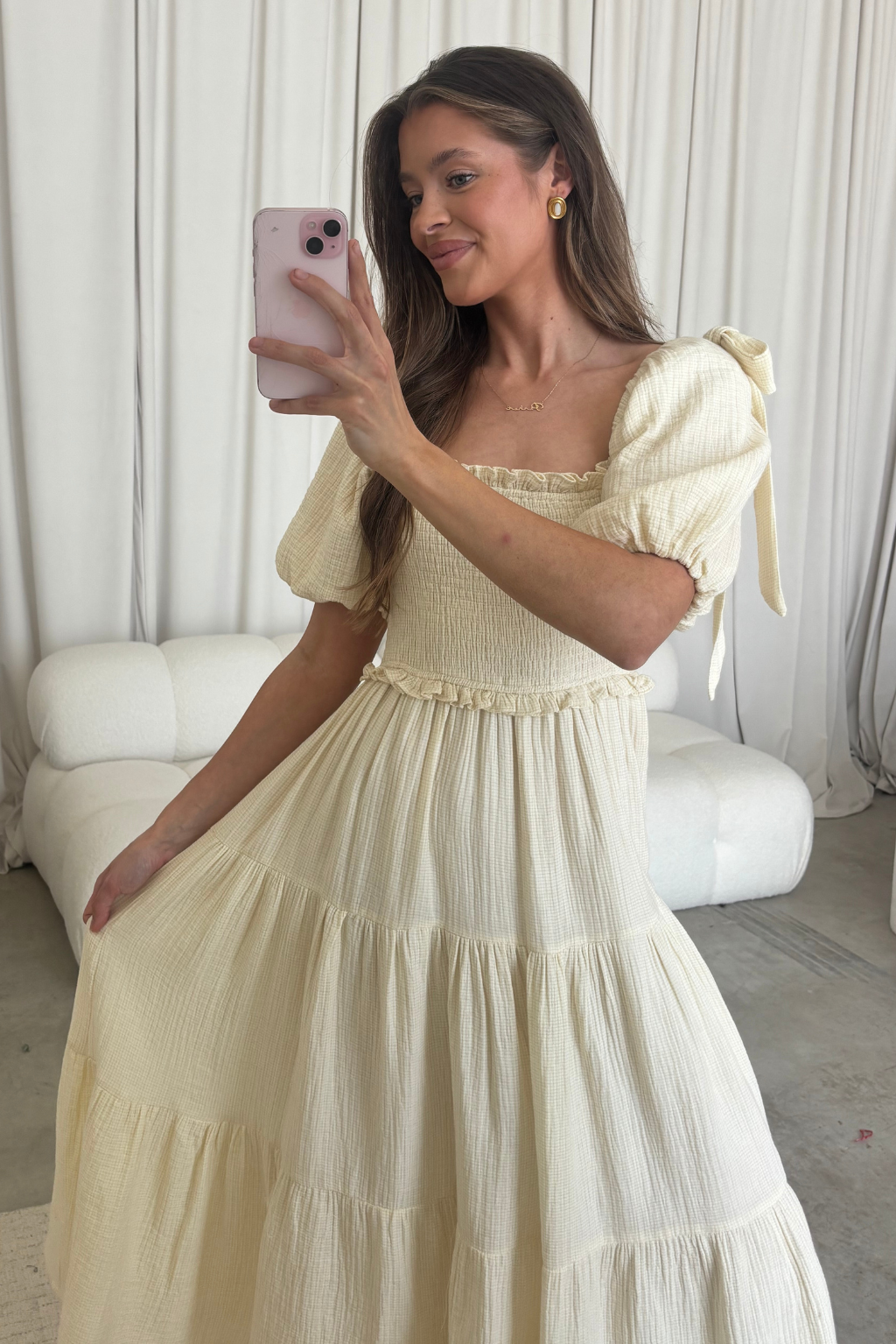 Elena 100% Cotton Midi Dress in Faded Grid - Bump Friendly