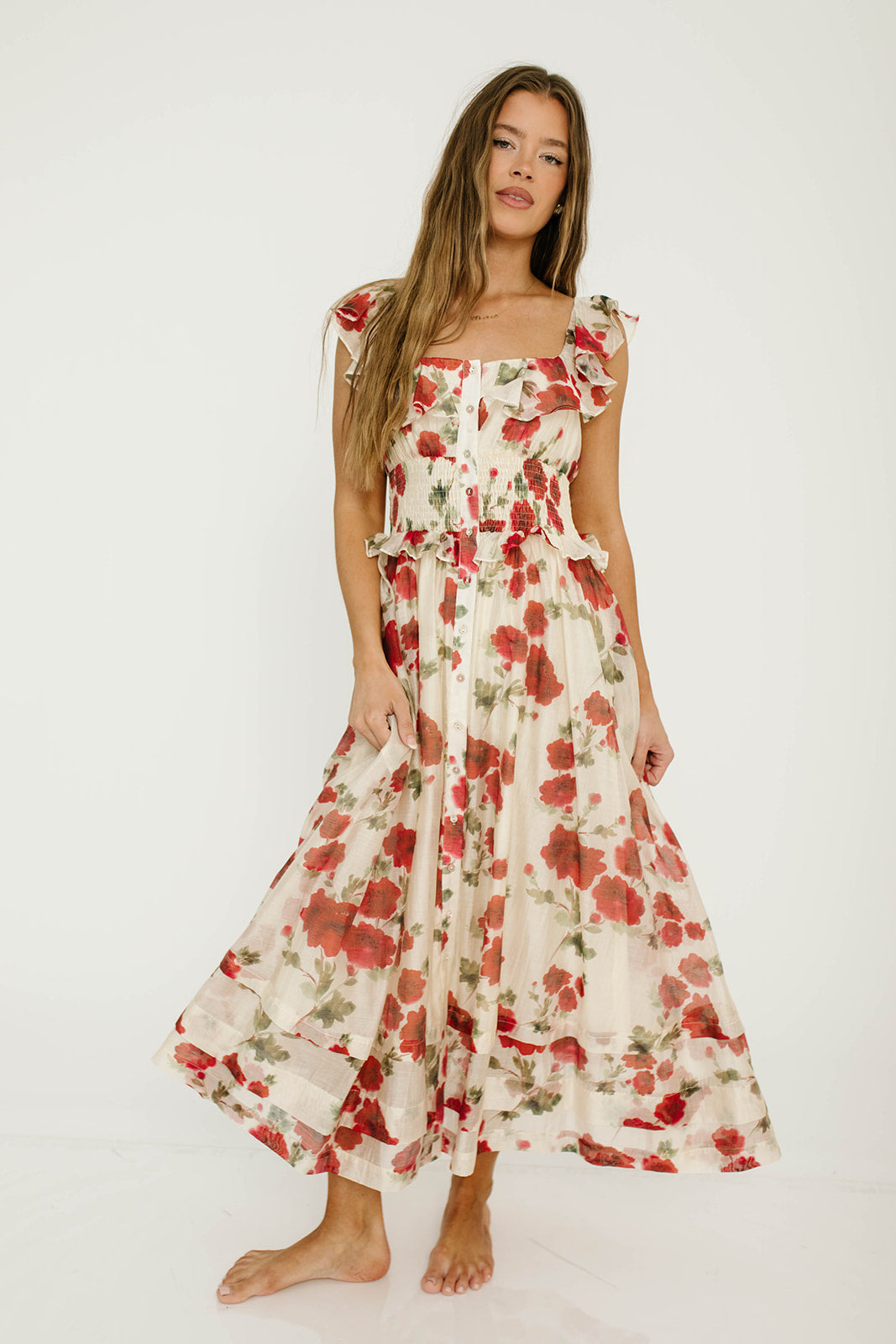 Pamela Floral Midi Dress in Red
