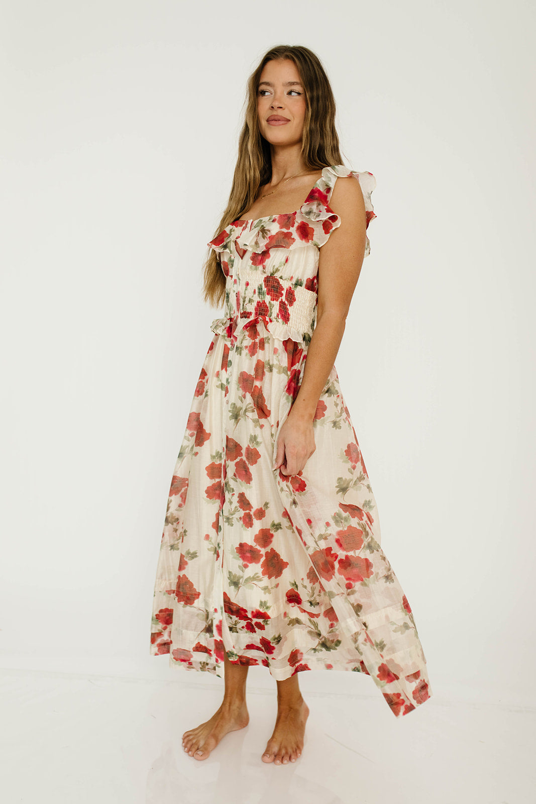 Pamela Floral Midi Dress in Red