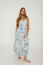 Solena Floral Smocked Midi Dress in Ivory/Blue