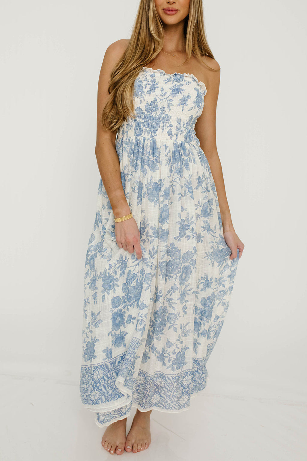 Solena Floral Smocked Midi Dress in Ivory/Blue