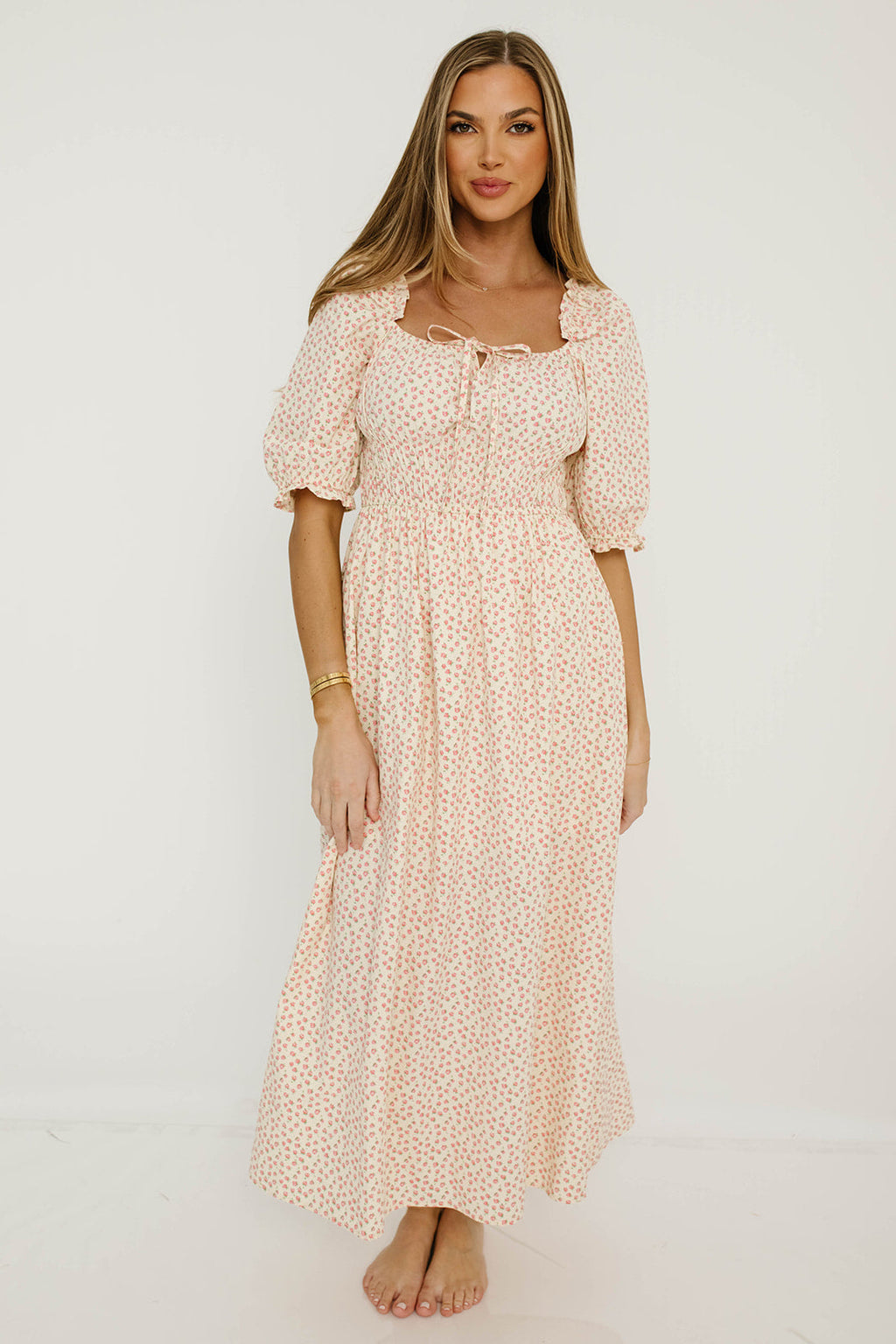 Amalia 100% Cotton Floral Puff Sleeve Midi Dress in Natural/Pink
