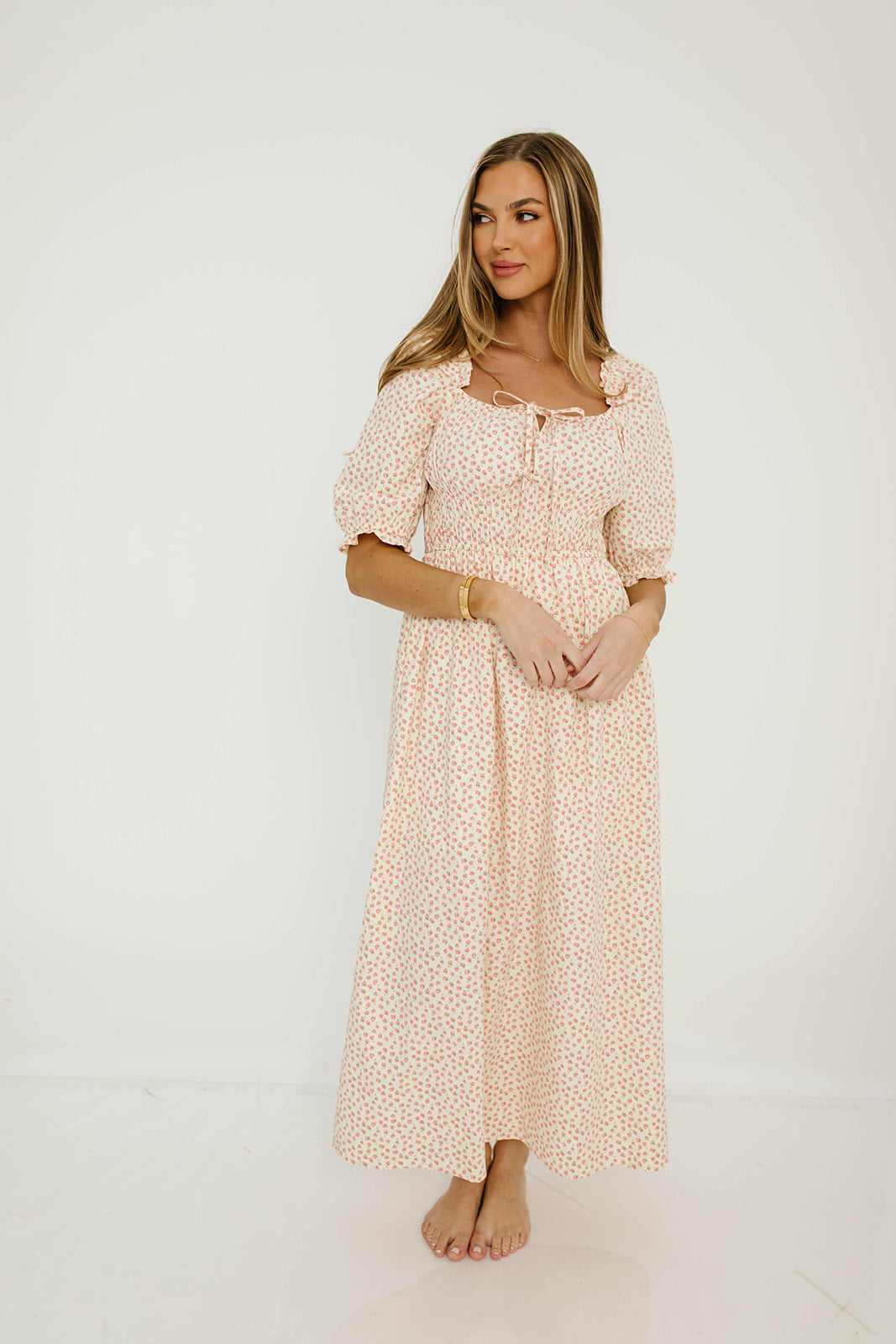 Amalia 100% Cotton Floral Puff Sleeve Midi Dress in Natural/Pink