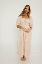 Amalia 100% Cotton Floral Puff Sleeve Midi Dress in Natural/Pink