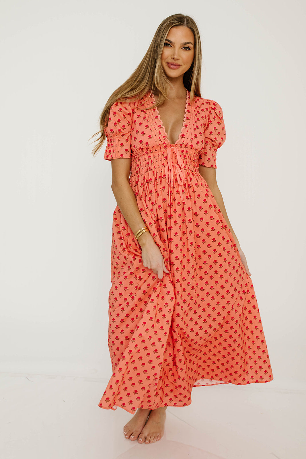 Beau 100% Cotton Floral Midi Dress in Coral