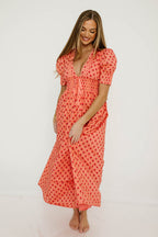 Beau 100% Cotton Floral Midi Dress in Coral