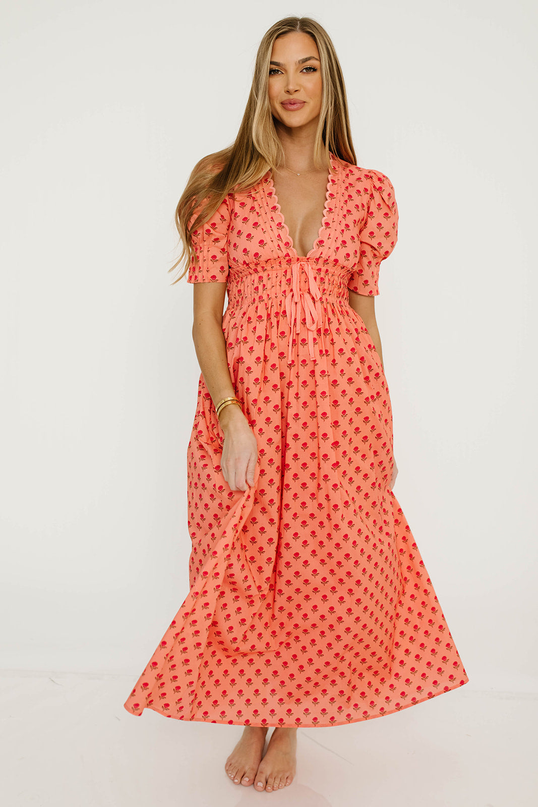 Beau 100% Cotton Floral Midi Dress in Coral