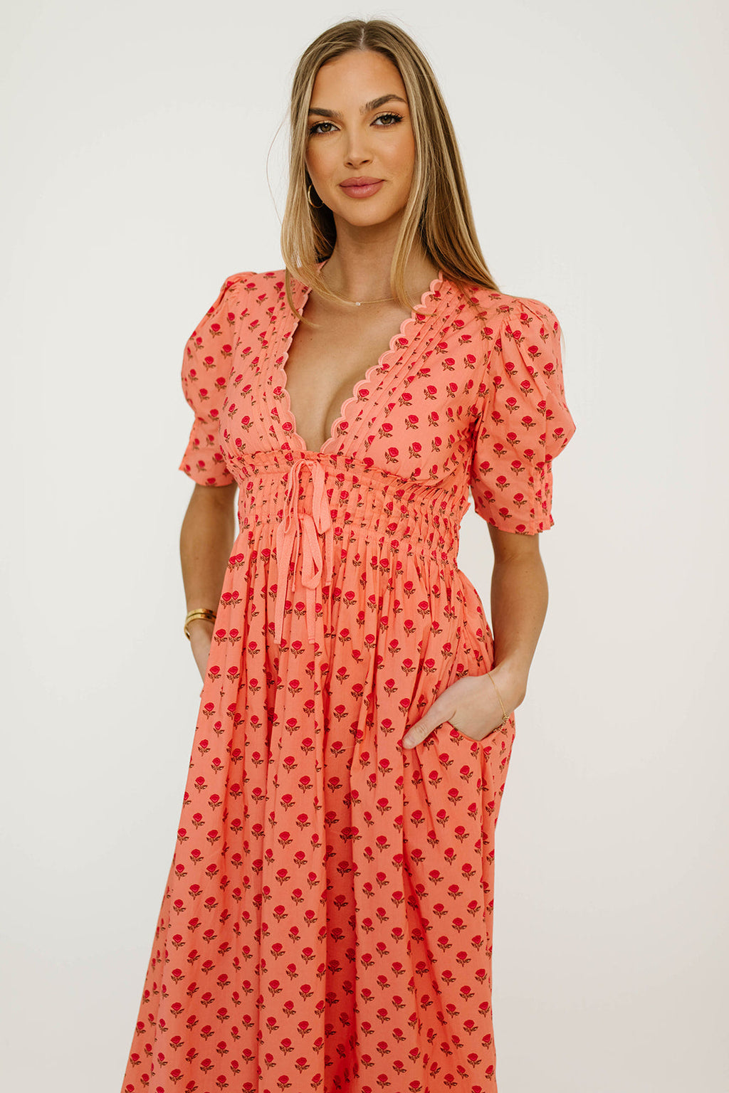Beau 100% Cotton Floral Midi Dress in Coral