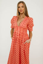 Beau 100% Cotton Floral Midi Dress in Coral