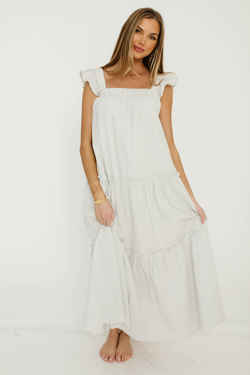 Vivian Striped Tiered Midi Dress in Ivory/Sky