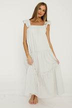 Vivian Striped Tiered Midi Dress in Ivory/Sky