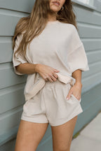 Lynn Premium Fleece Short Sleeve Top in Cream/Grey Striped