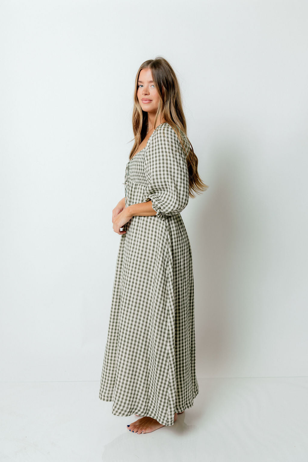 Cecilia 100% Cotton Smocked Maxi Dress in Forest Plaid (Lined) - Bump Friendly