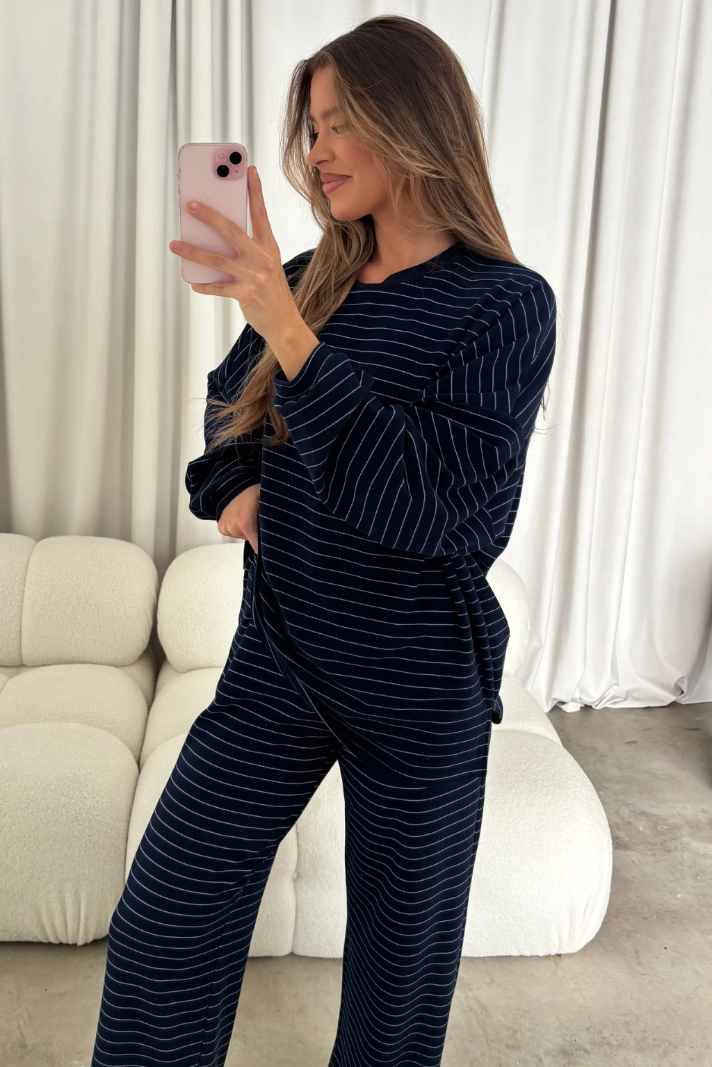 Naomi Striped Fleece Oversized Long Sleeve Top in Navy