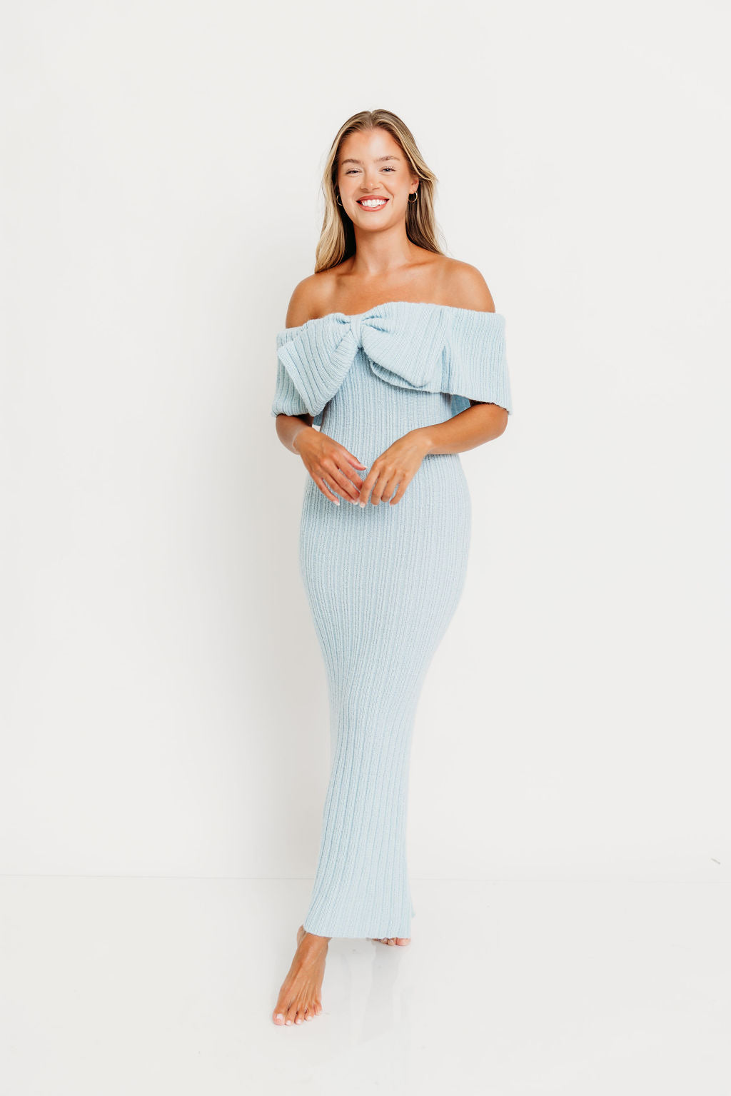 Aston Bow Front Maxi Sweater Dress in Ice Metal – Bump Friendly & Inclusive Sizing (XS-3XL)