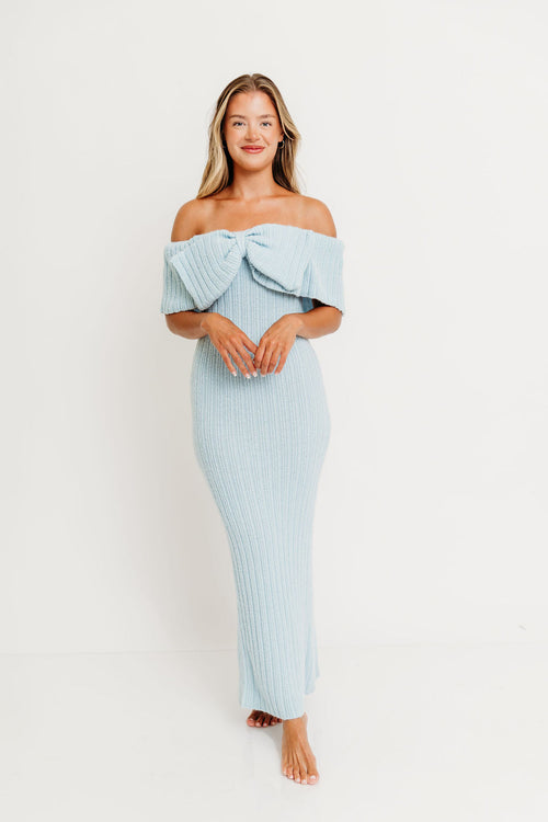 Aston Bow Front Maxi Sweater Dress in Ice Metal – Bump Friendly & Inclusive Sizing (XS-3XL)