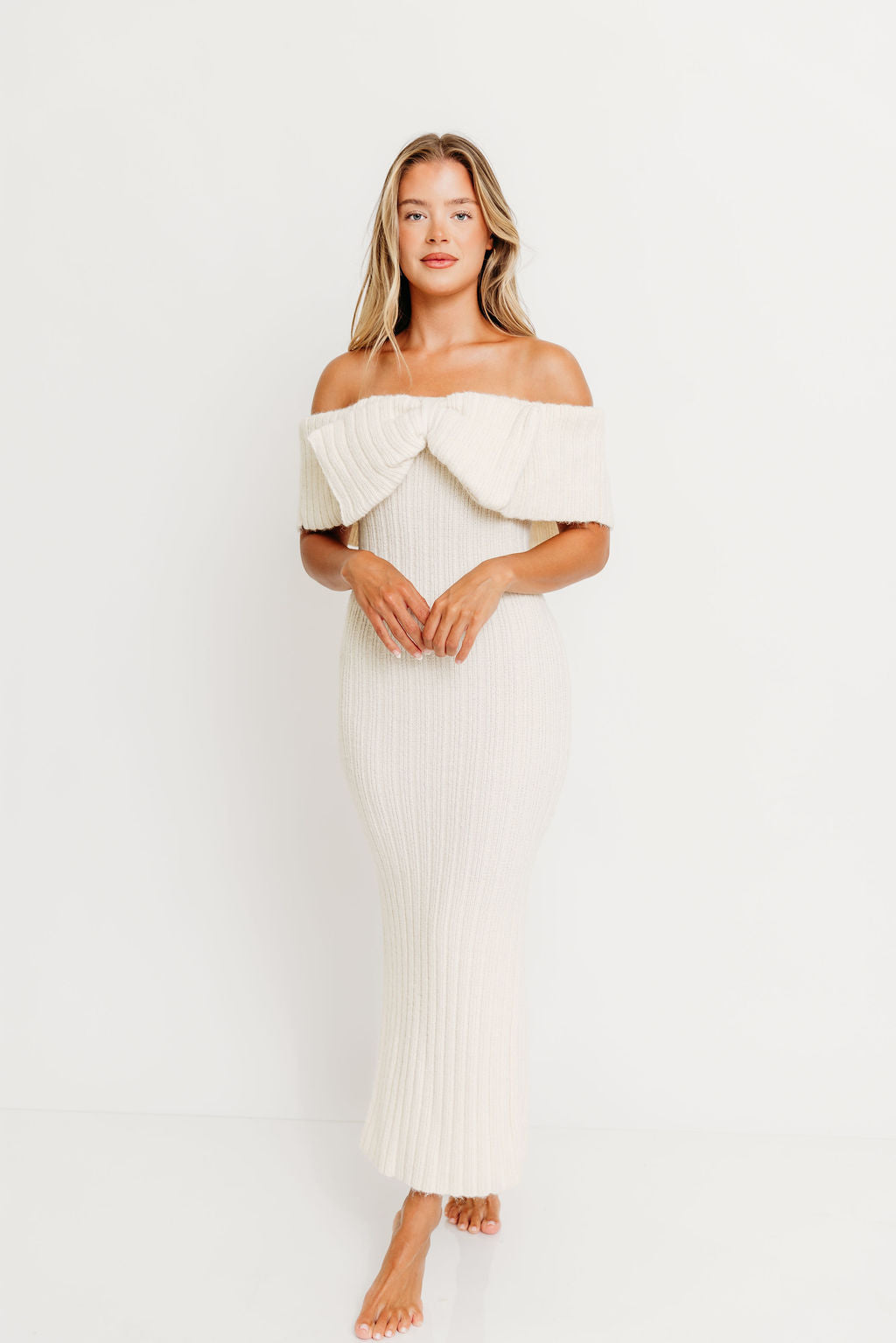 Aston Bow Front Maxi Sweater Dress in Ivory – Bump Friendly & Inclusive Sizing (S-3XL)