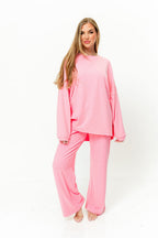 Naomi Striped Fleece Oversized Long Sleeve Top in Pink