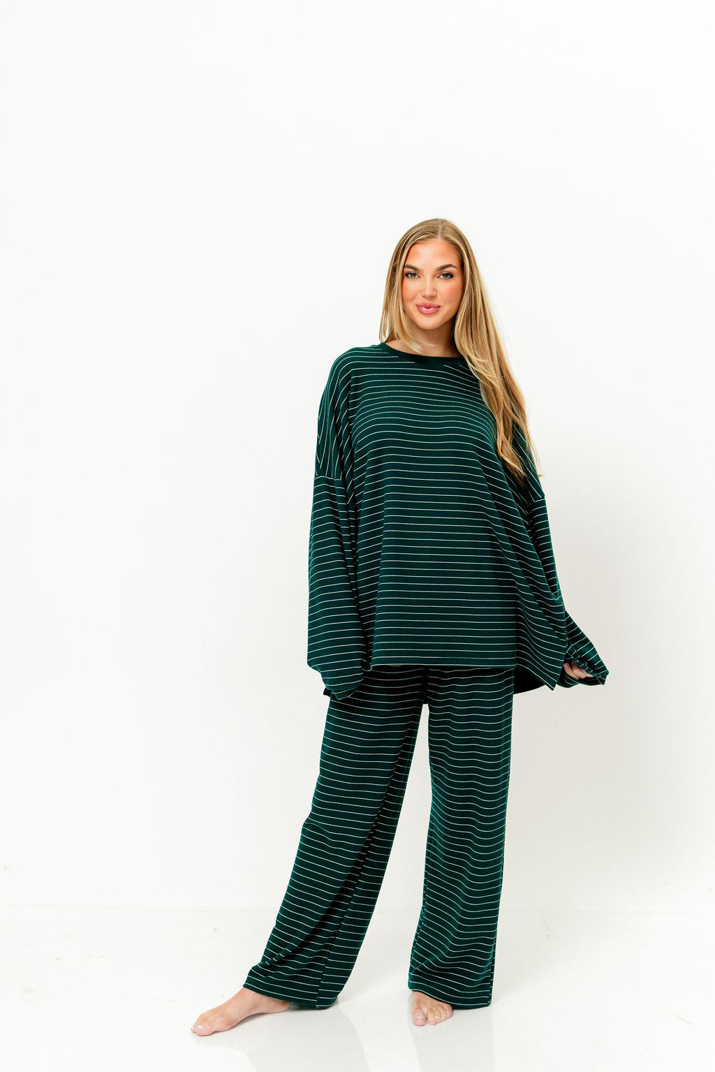 Naomi Striped Fleece Oversized Long Sleeve Top in Green