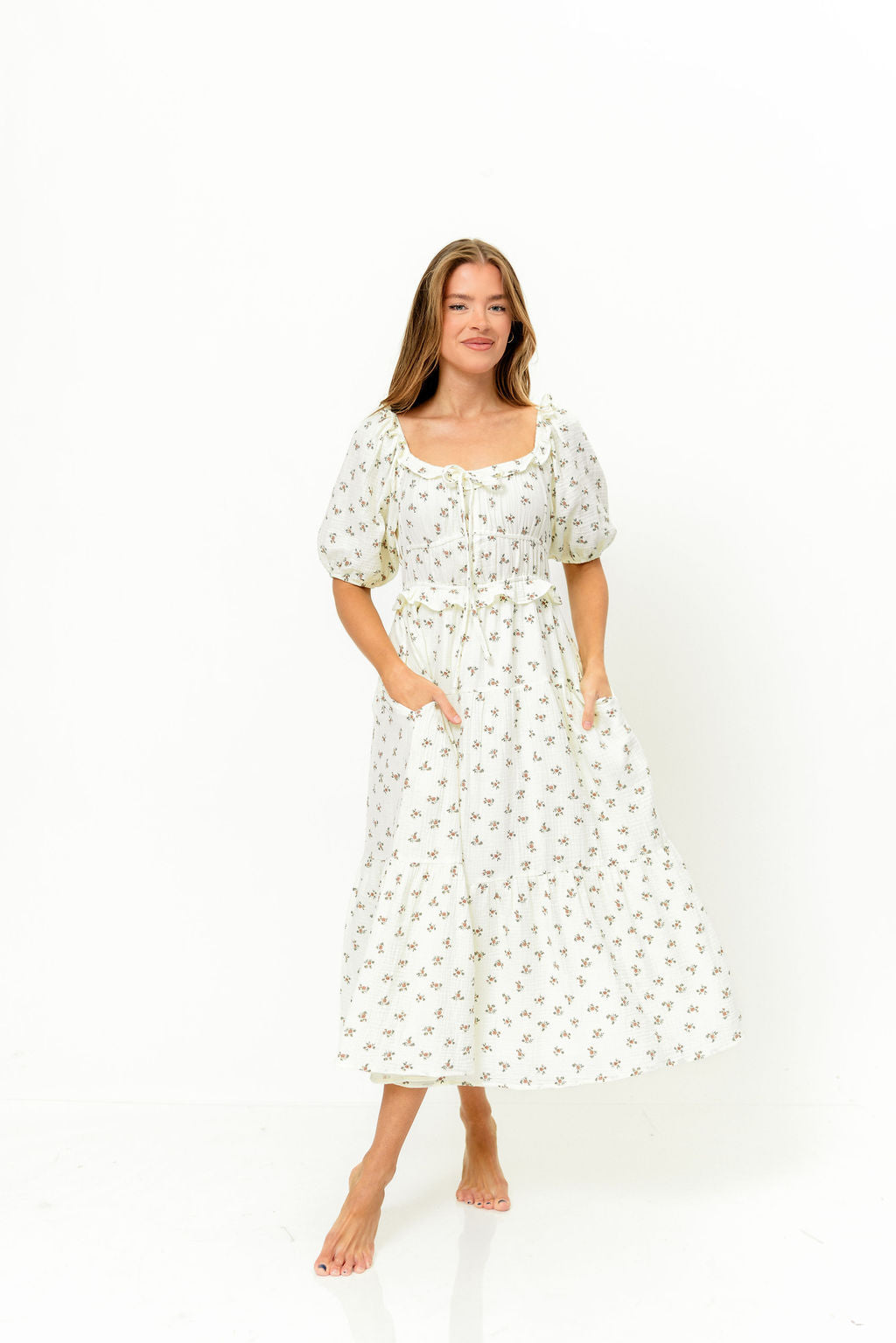 Landon 100% Cotton Ruched Puff Sleeve Ruffle Tiered Floral Midi Dress in Beige - Bump Friendly