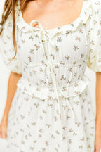 Landon 100% Cotton Ruched Puff Sleeve Ruffle Tiered Floral Midi Dress in Beige - Bump Friendly