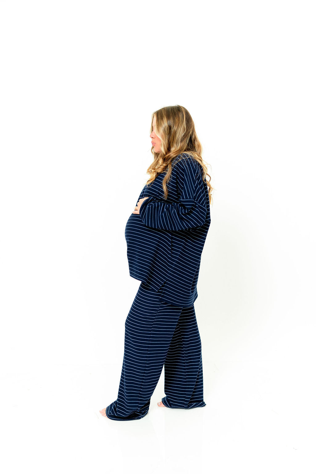 Naomi Striped Fleece Oversized Long Sleeve Top in Navy
