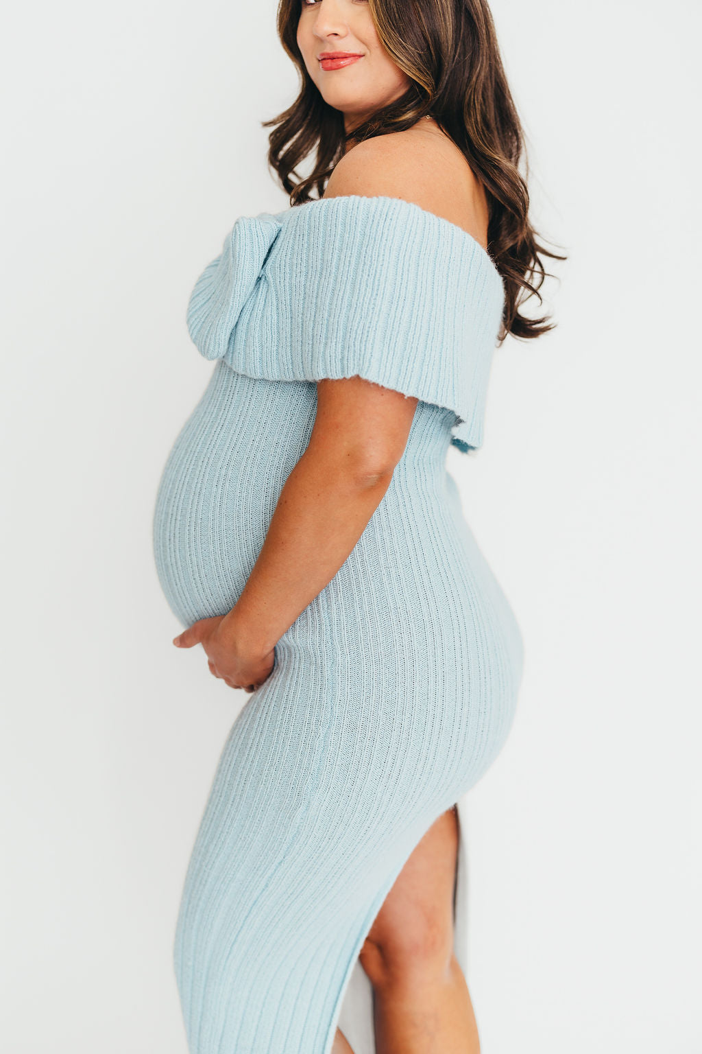 Aston Bow Front Maxi Sweater Dress in Ice Metal – Bump Friendly & Inclusive Sizing (XS-3XL)