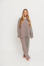 Naomi Oversized Striped Fleece Long Sleeve Top in Brown