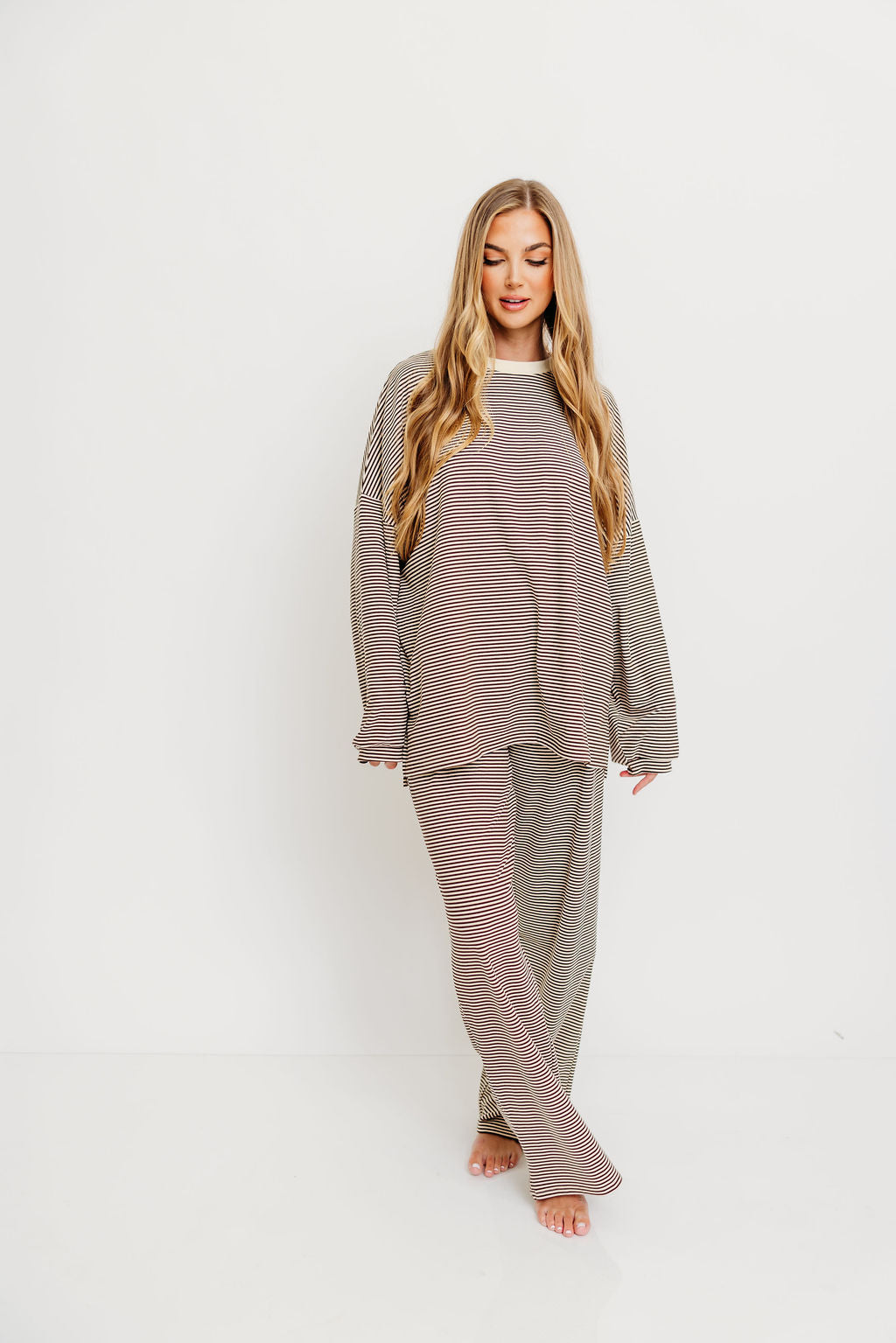 Naomi Oversized Striped Fleece Long Sleeve Top in Brown