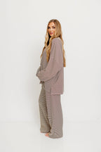 Naomi Oversized Striped Fleece Long Sleeve Top in Brown