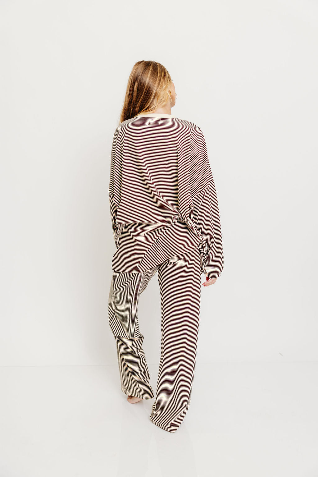 Naomi Oversized Striped Fleece Long Sleeve Top in Brown