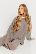 Naomi Oversized Striped Fleece Long Sleeve Top in Brown