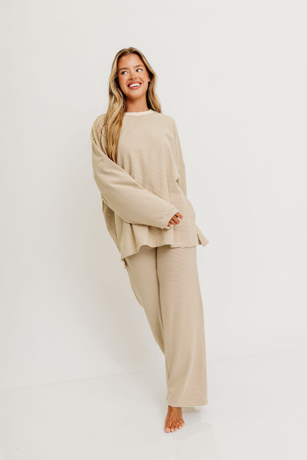 Naomi Striped Oversized Fleece Long Sleeve Top in Beige - Bump Friendly