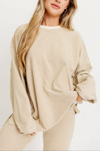 Naomi Striped Oversized Fleece Long Sleeve Top in Beige - Bump Friendly