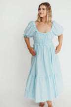 Crissy 100% Cotton Ruched Midi Dress in Baby Blue - Bump Friendly