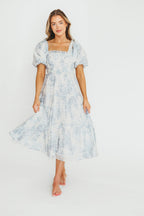 Elena Floral Print Smocked Midi Dress in Blue - Bump Friendly & Inclusive Sizing *7/20 PRE-ORDER*