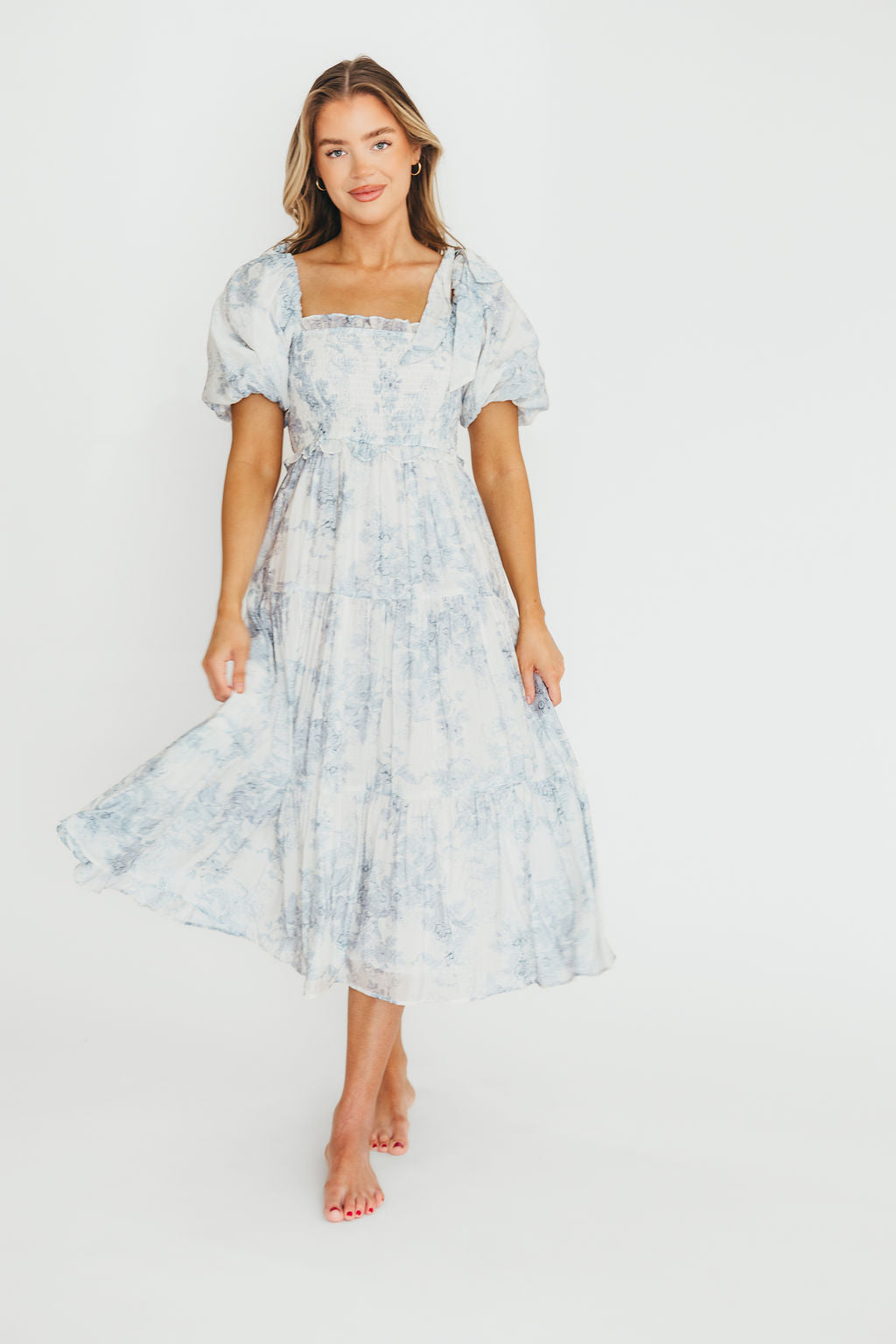 Elena Floral Print Smocked Midi Dress in Blue - Bump Friendly & Inclusive Sizing *7/20 PRE-ORDER*