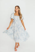 Elena Floral Print Smocked Midi Dress in Blue - Bump Friendly & Inclusive Sizing *7/20 PRE-ORDER*