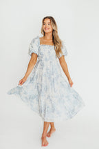 Elena Floral Print Smocked Midi Dress in Blue - Bump Friendly & Inclusive Sizing *7/20 PRE-ORDER*