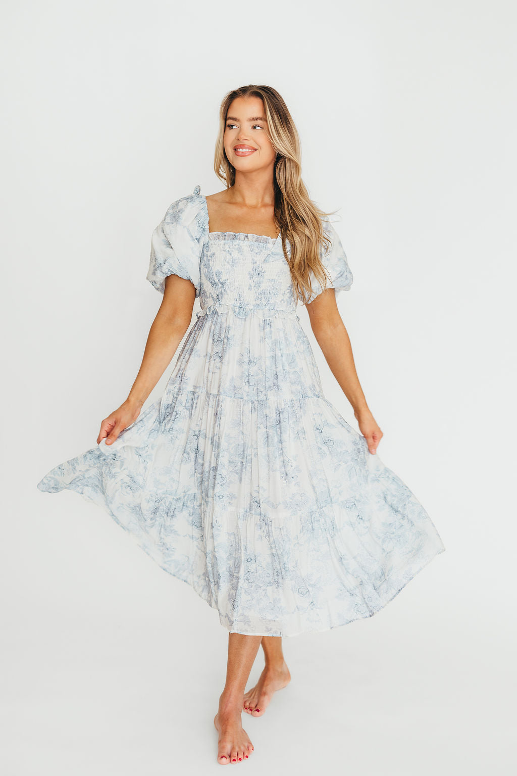 Elena Floral Print Smocked Midi Dress in Blue - Bump Friendly & Inclusive Sizing *7/20 PRE-ORDER*