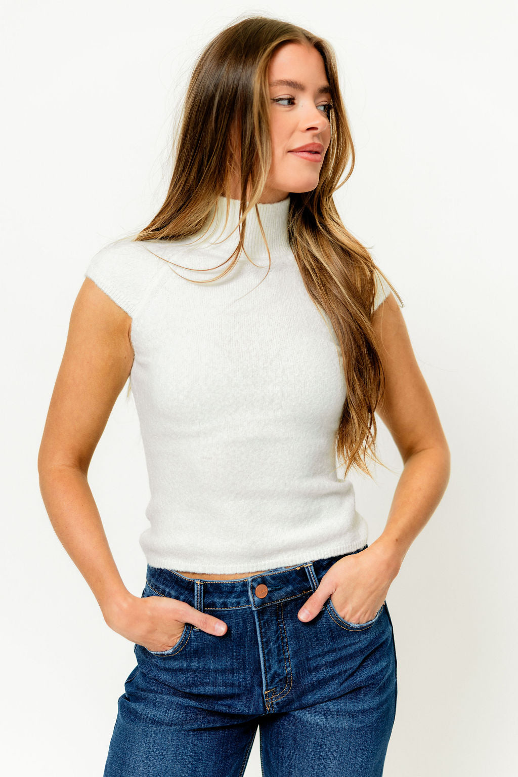 Danica Brushed Knit High Neck Cap Sleeve Top in Ivory