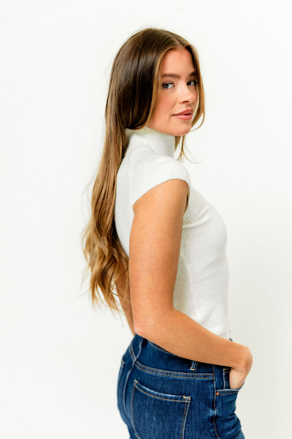 Danica Brushed Knit High Neck Cap Sleeve Top in Ivory