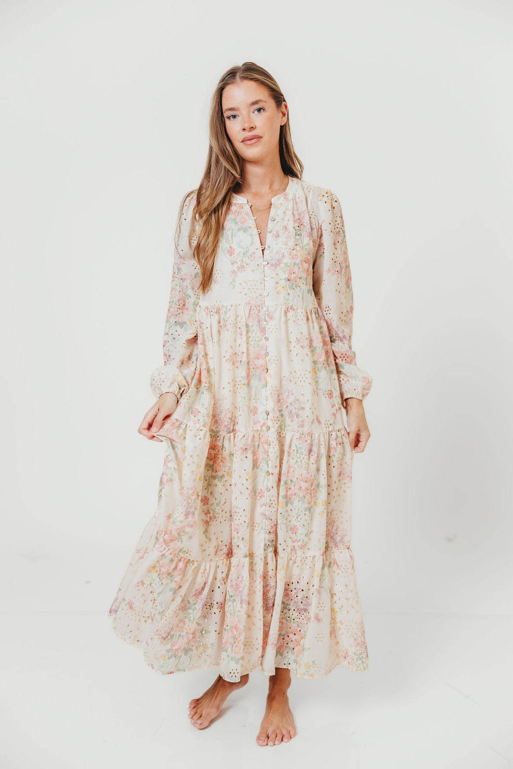 Anna Eyelet Button Down Tiered Dress in Blush Multi