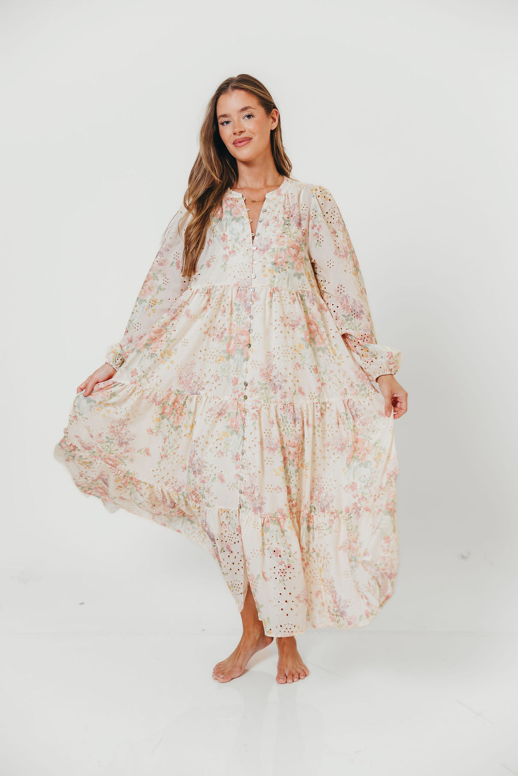 Anna Eyelet Button Down Tiered Dress in Blush Multi