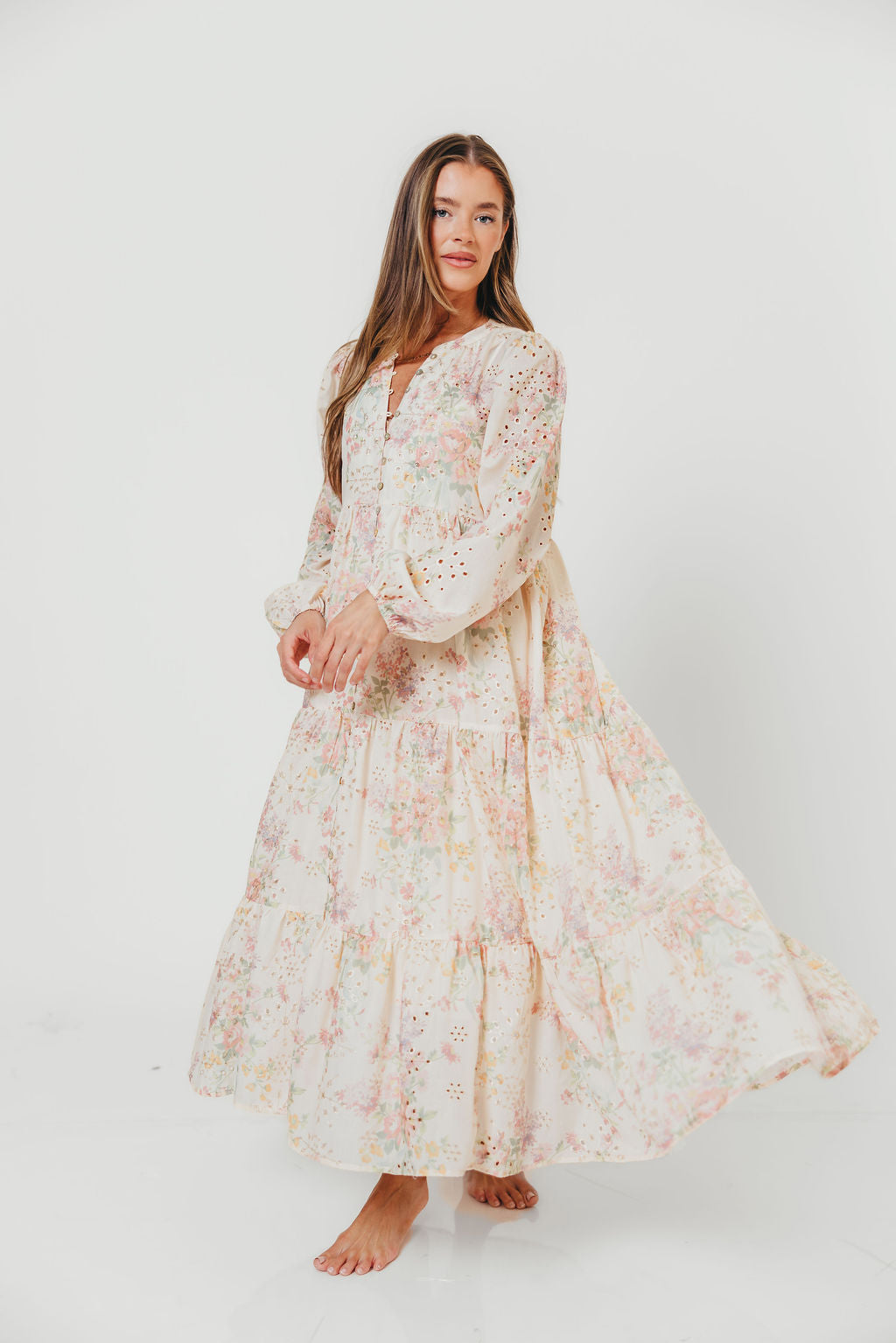 Anna Eyelet Button Down Tiered Dress in Blush Multi