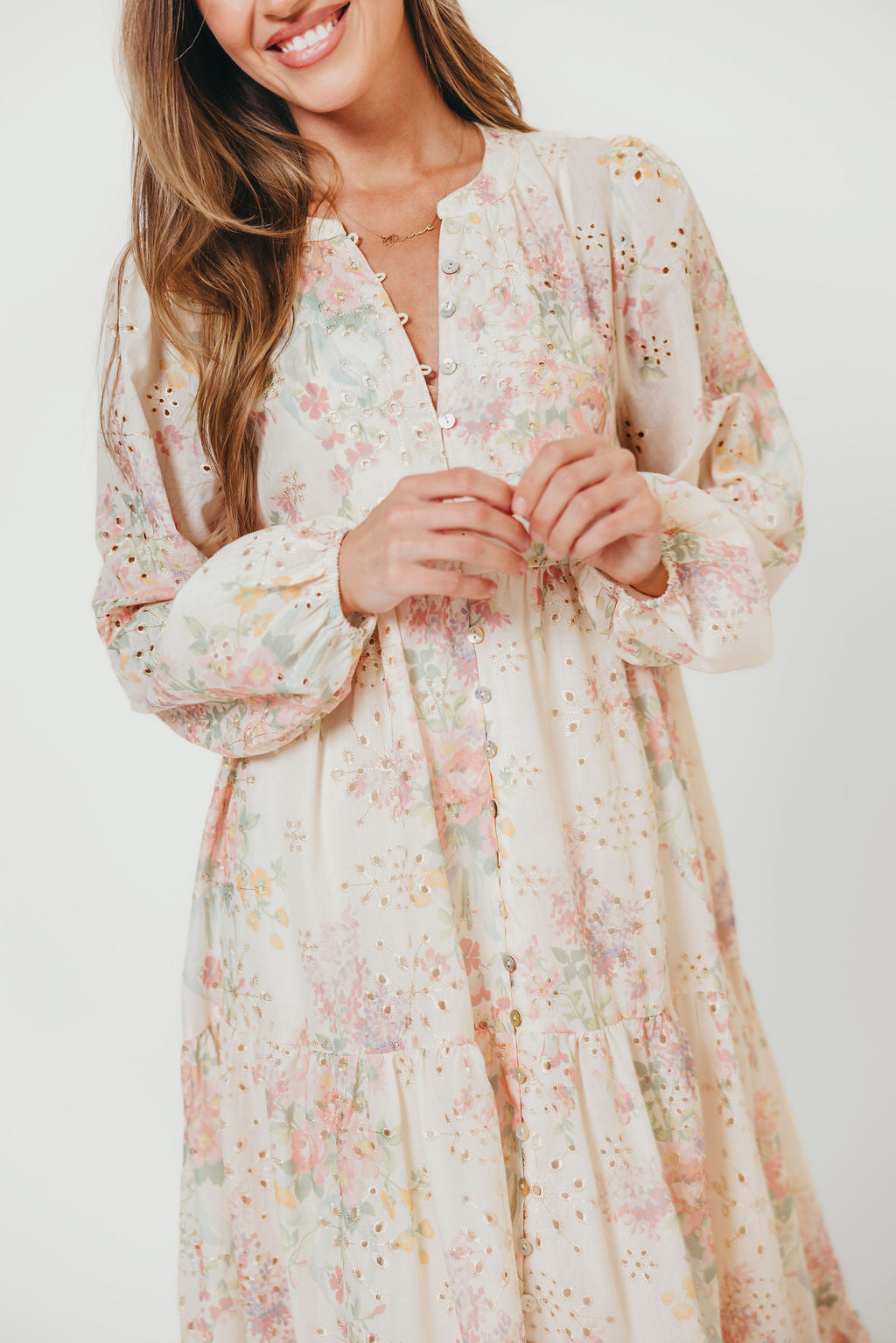 Anna Eyelet Button Down Tiered Dress in Blush Multi