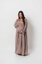Amy Floral Long Sleeve Maxi Dress in Mocha Multi - Bump Friendly (Restocking in August)