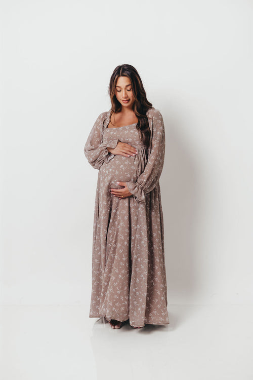 Amy Floral Long Sleeve Maxi Dress in Mocha Multi - Bump Friendly (Restocking in August)