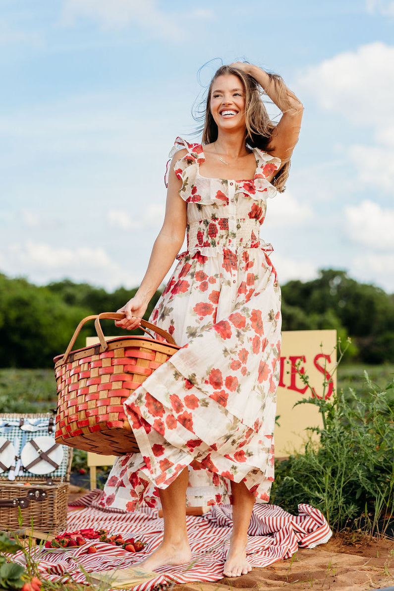 Pamela Floral Midi Dress in Red